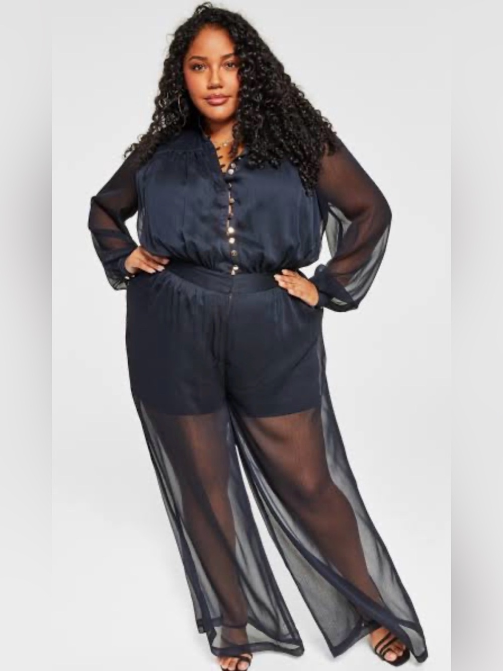 NWT Nina Parker Sheer Wide Leg Button Front Jumpsuit Attached Shorts Black 16W